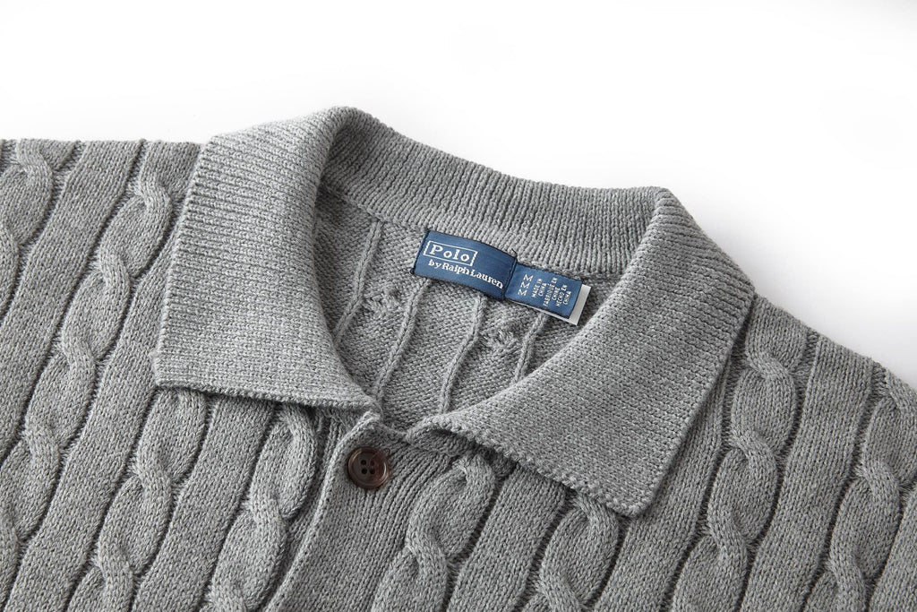 Polo Ralph Lauren Men’s Cable‑Knit Collared Button‑Up Cardigan With Navy Pony Embroidery