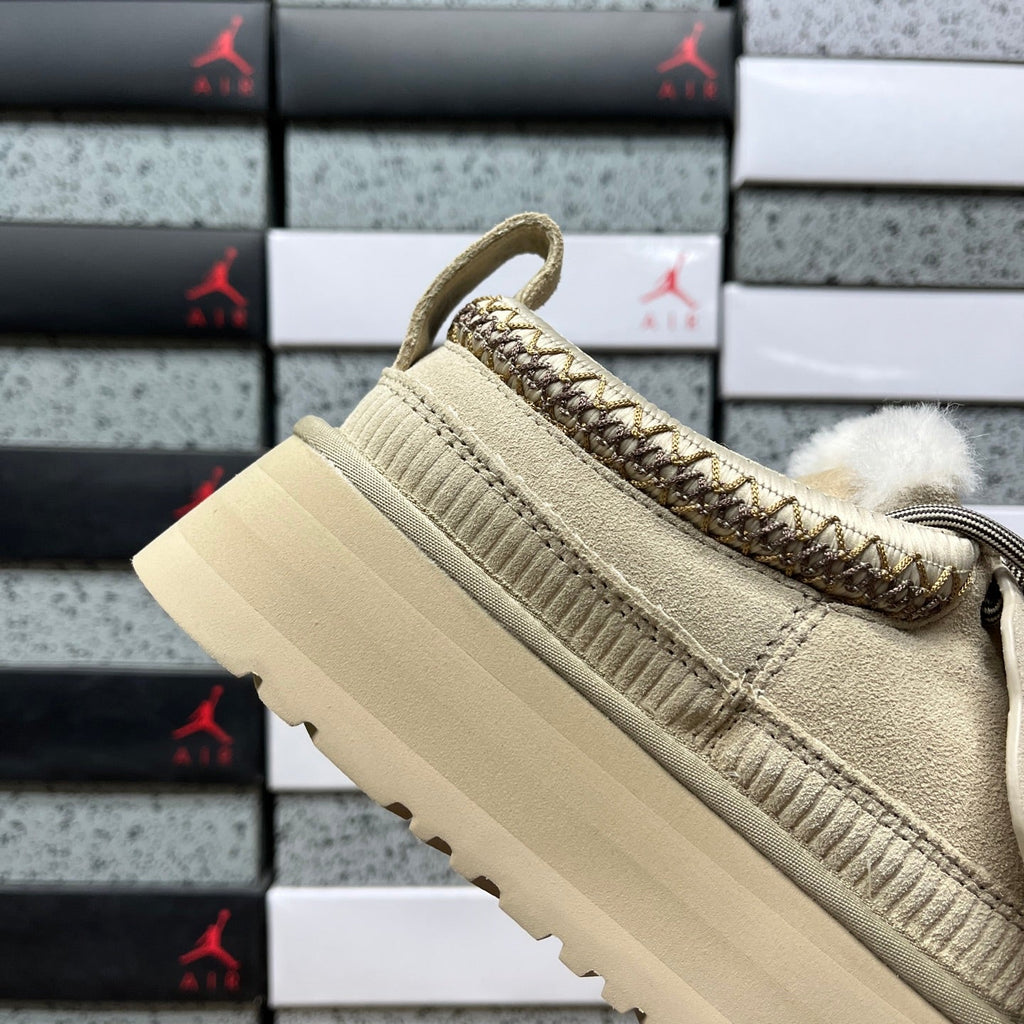 UGG Lowmel Platform Sneaker – Suede Low-Top with Shearling Collar, Braided Trim, Bungee Lace & Chunky Platform Sole in Sand