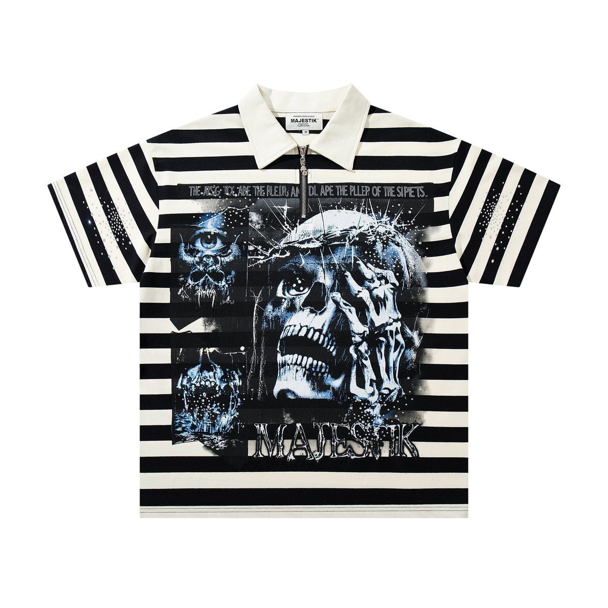 MAJESTIK Skull Graphic Striped Zip-Collar T-Shirt