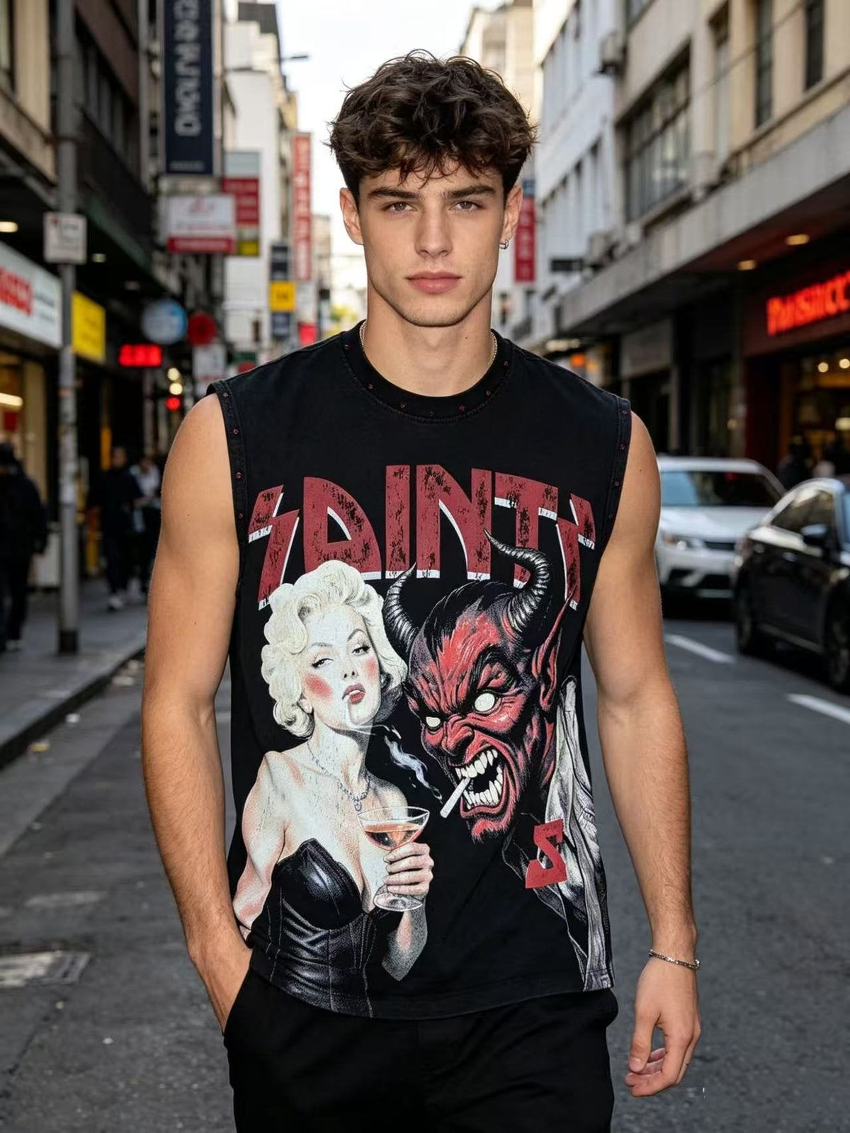 SAINT Washed Black Rhinestone Rock Graphic Sleeveless T-Shirt