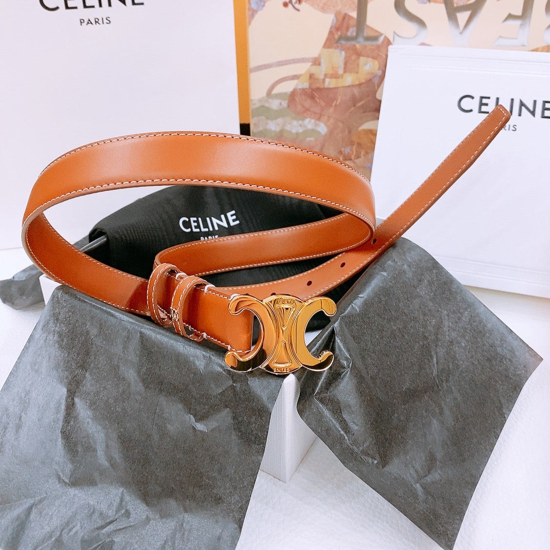 CELINE 25S TRIOMPHE BELT 25MM IN DARK CARAMEL CALFSKIN GOLD HARDWARE 570967