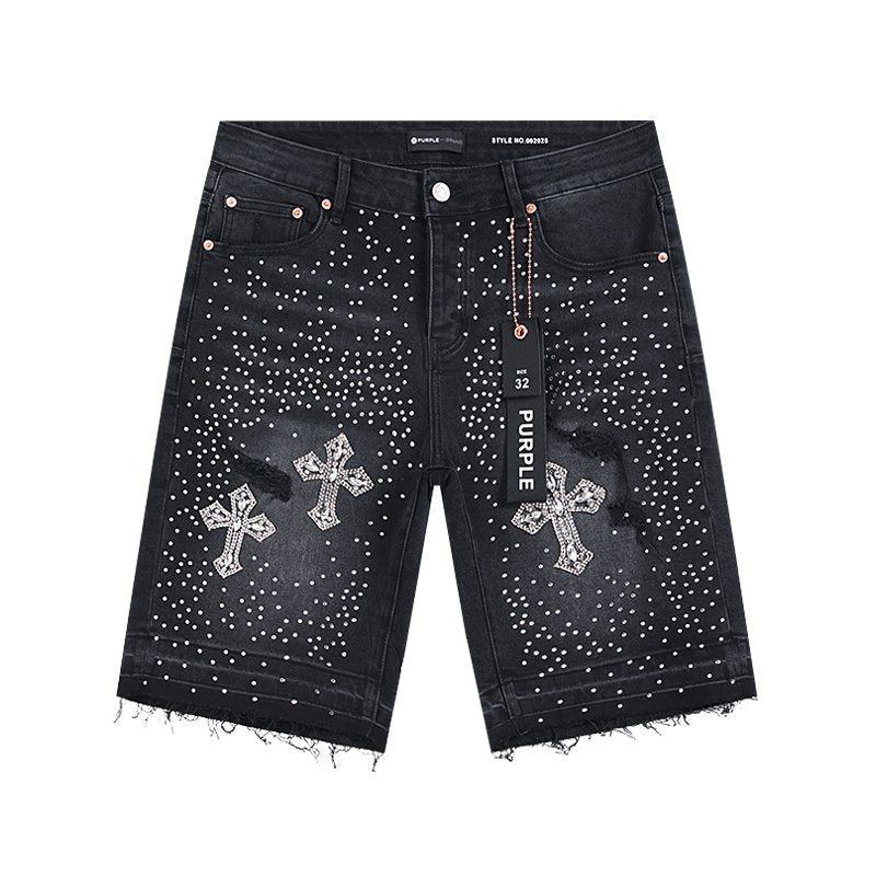 Purple Brand Rhinestone Cross Denim Shorts