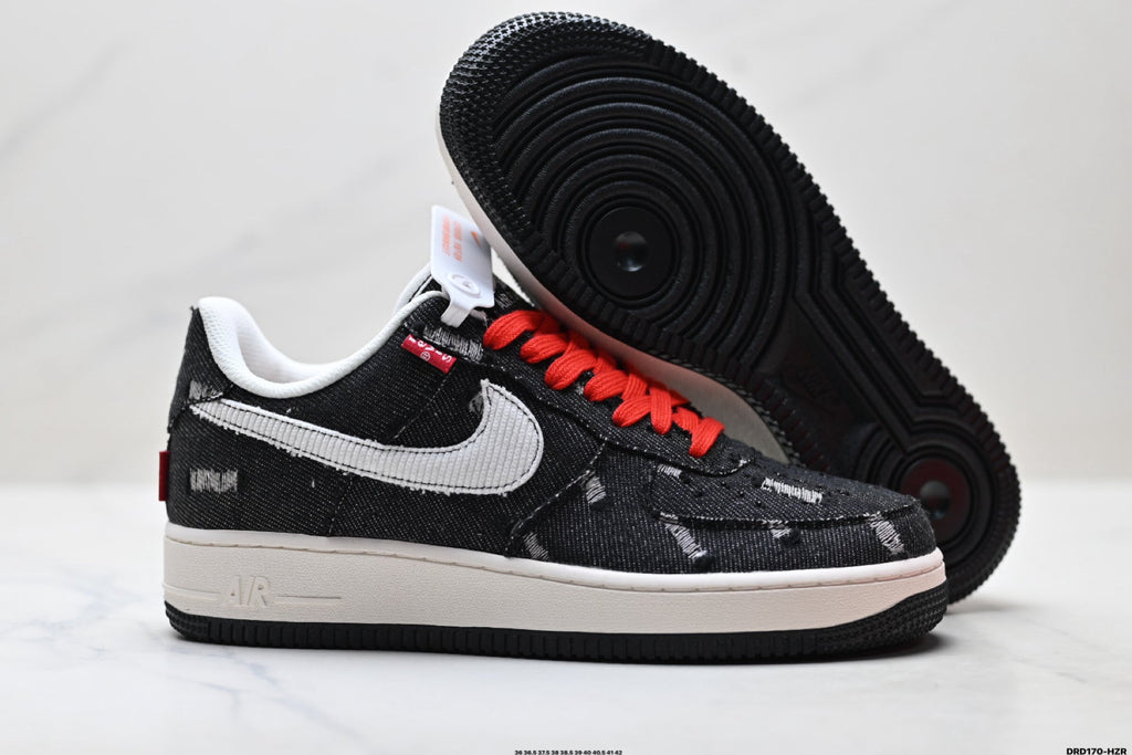 Nike Air Force 1 Low Black White Red Lace Unisex Sneakers Style 03