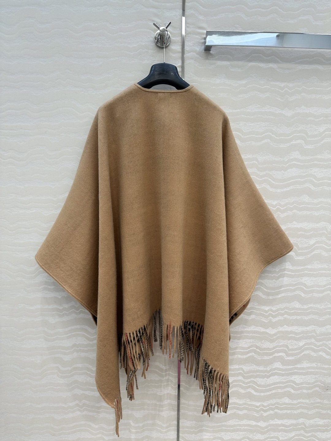 Black Reversible Plaid Fringed Poncho