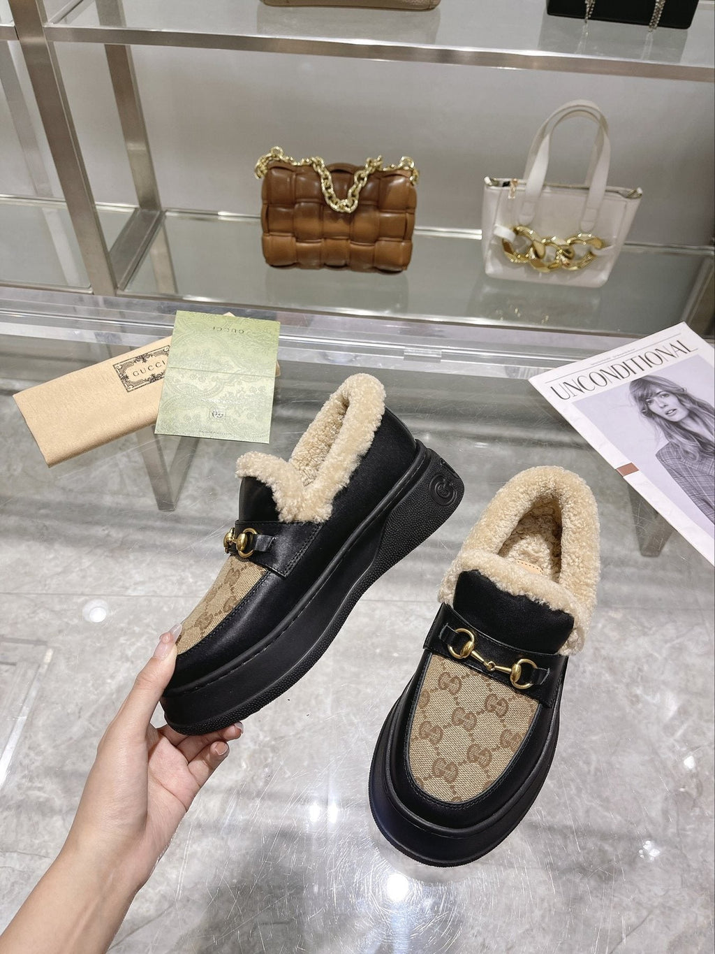 Gucci Patterned Plush-Lined Platform Slip-On Shoes